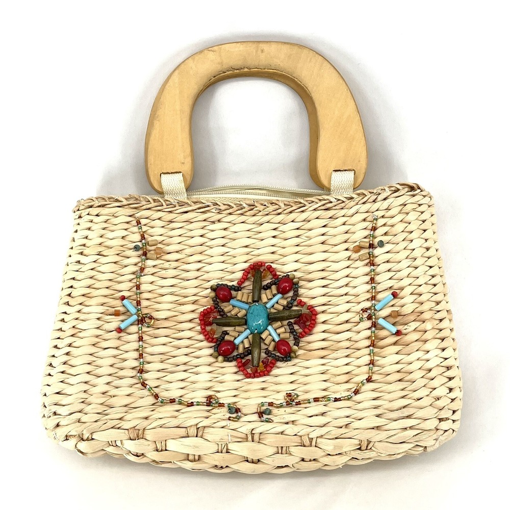 Bohemian Straw Purse Beaded Wood Handle‎ Woven Raffia Beach White Stag Western